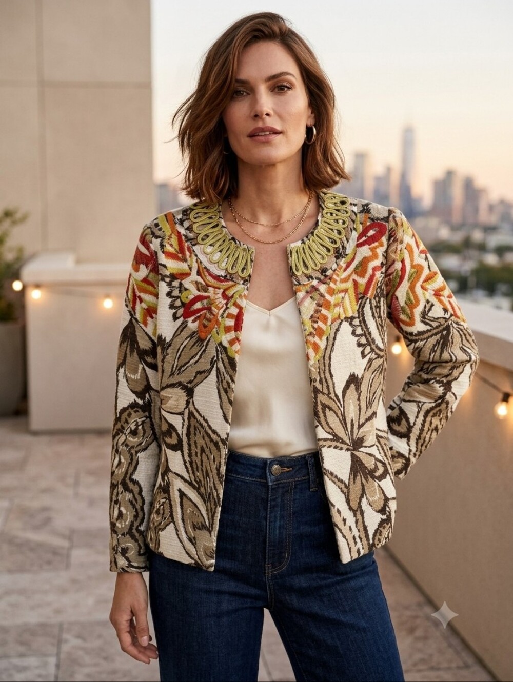 Chico's Tapestry Jacket Soutache Trim Floral Boho Art to Wear Lined